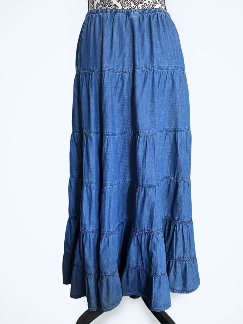 VTG White Stag Chambray Denim Tiered Maxi Skirt L Pull On Prairie Cottagecore - Picture 2 of 9